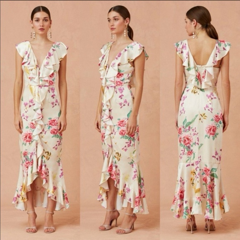 KEEPSAKE the Label - Arrows Botanical Gown - Cream and Pink Satin Floral Dress